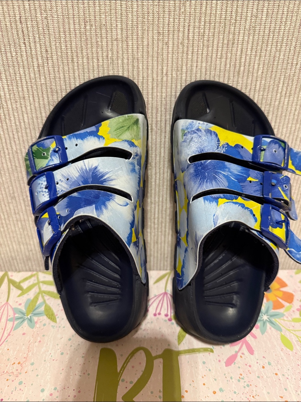 Kids Birkis Blue Floral Slide Sandals